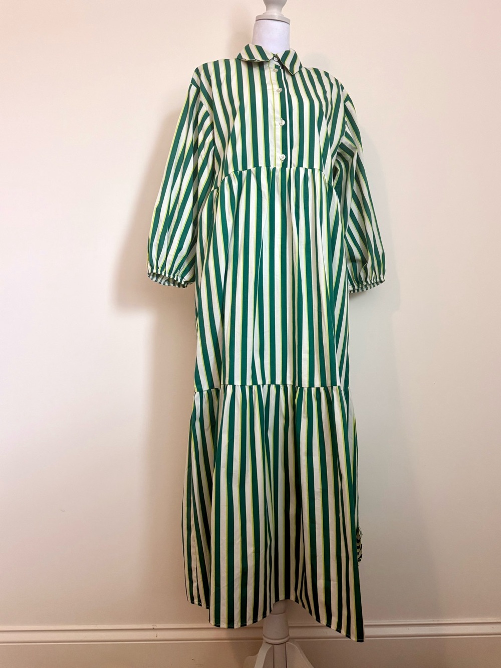 Maeve by Anthropologie Bettina Tiered Short Dress green white stripes Small